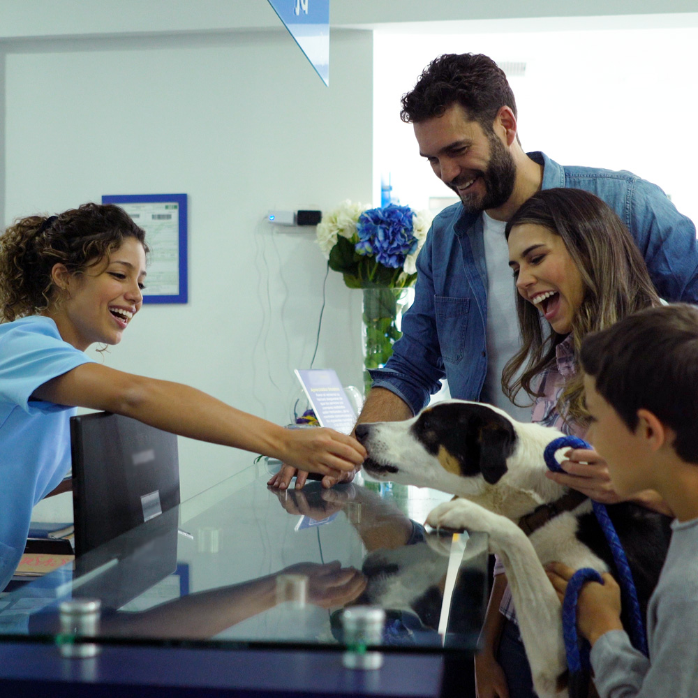 Happy family taking their pet dog to the veterinarian.