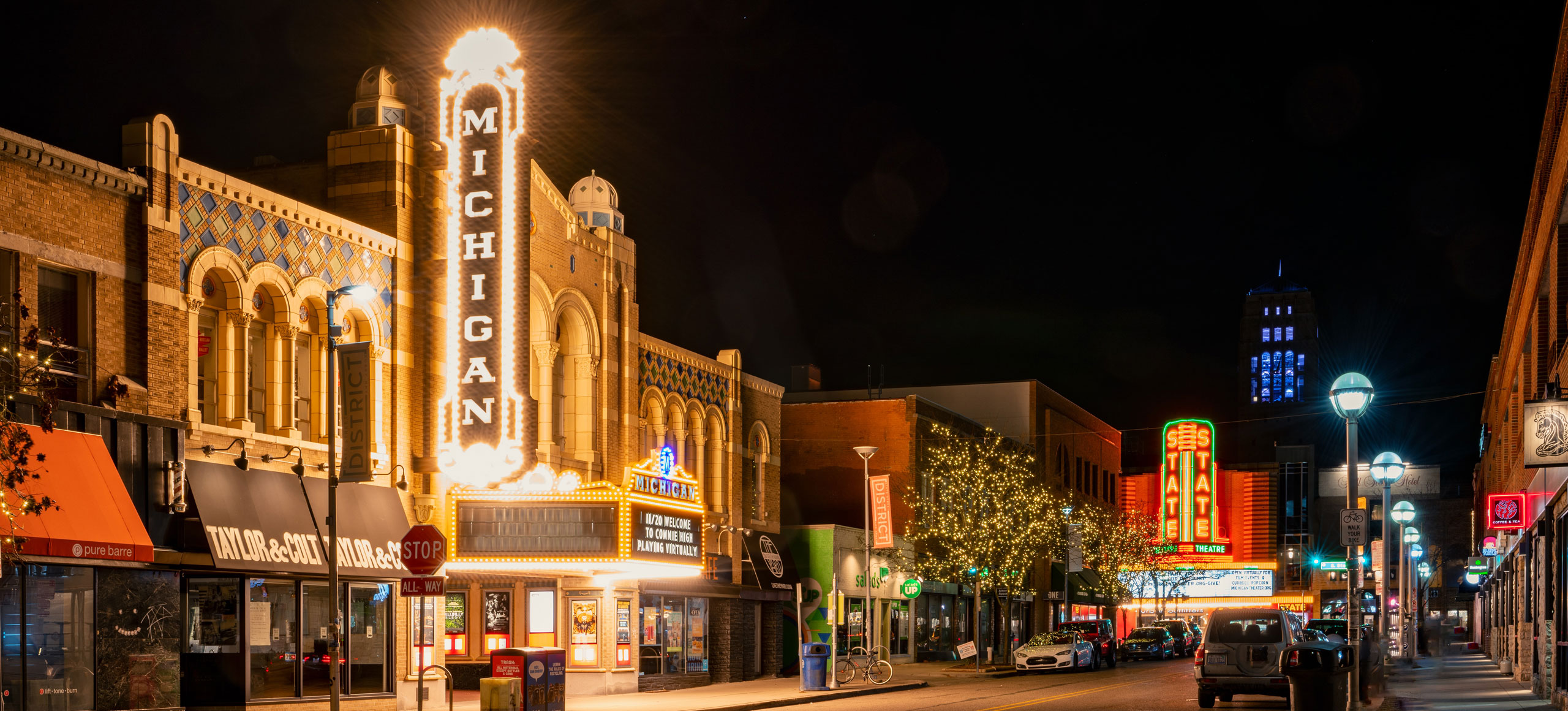 Nighttime street scene in Ann Arbor, Michigan, one of the communities served by MOVES mobile veterinary specialists.