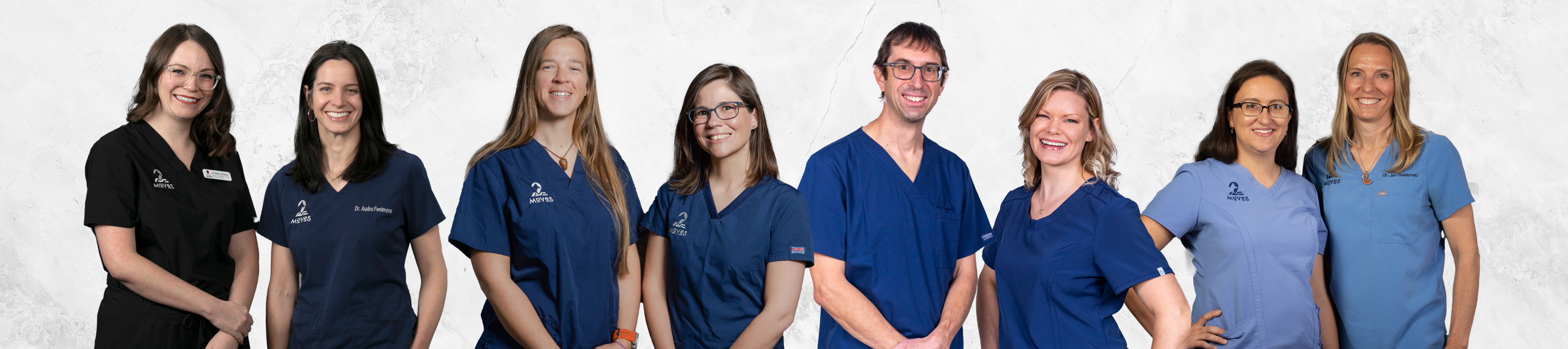 Portraits of MOVES mobile veterinary specialists staff team from the Front Range area of Colorado, including Drs. Fenimore, Monaghan, Nolan, and Swiderski.